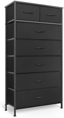 Mifuro Tall Dresser for Bedroom, Vertical Storage Organizer Tower with 7 Drawers, Chest of Drawers with Fabric Bins, Steel Frame, Wood Top for Bedroom, Closet, Entryway- Black