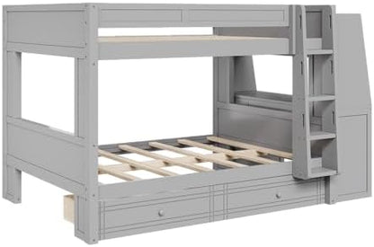 Full Over Full Bunk Bed with Desk,Drawers, Bookshelves,Gray