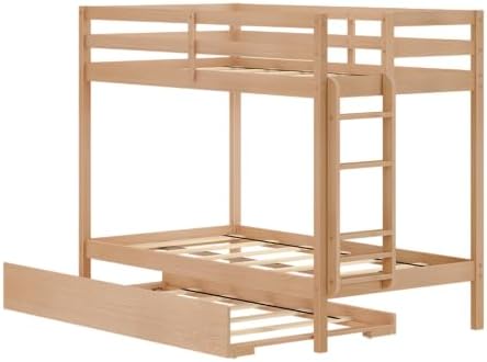 Grain & Grove Bear Twin Over Twin Bunk Bed with Trundle Bed, Sturdy Bunk Bed Frame for Kids, Plywood Bunk with Ladder, Guardrail, and Slats, No Box Spring Required, Oak Embossed Natural