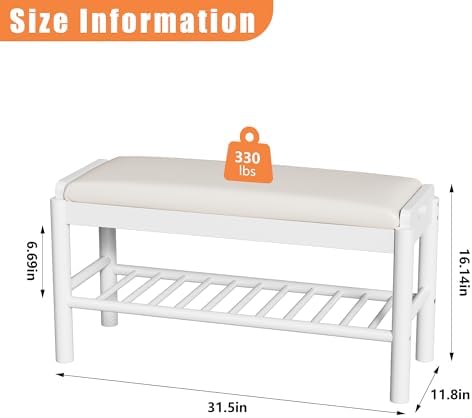 Shoe Storage Bench with Cushion - 2 Tier Shoe Rack for Front Door Entrance, Wood Shoes Rack, Entryway Bench with Shoes Storage for Closet,Hallway,Bedroom&Living Room(White, 31.5" W)