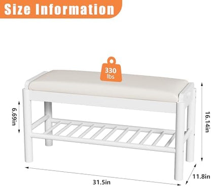 Shoe Storage Bench with Cushion - 2 Tier Shoe Rack for Front Door Entrance, Wood Shoes Rack, Entryway Bench with Shoes Storage for Closet,Hallway,Bedroom&Living Room(White, 31.5" W)