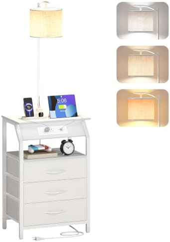 Floor Lamp with Table, Nightstand with Charging Station, Floor Lamp Table with 3-Color Temperature Bulb, Bedside Table Night Stand with 3 Drawers for Bedroom, Living Room, White
