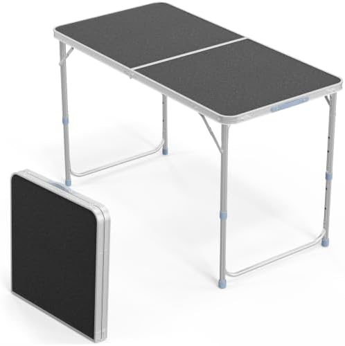 VINGLI 4FT White Folding Table with Carrying Handle Height Adjustable Lightweight Fold Up Portable for Indoor Outdoor Picnic,Camping,Hiking,Fishing,BBQ …