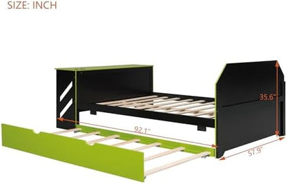 DNYN Full Size Wood Daybed with Trundle(Twin) for Kids Bedroom,Gaming Style Solid Wood Bedframe w/Desk & USB Port,Easy Assembly & No Box Spring Needed, Green