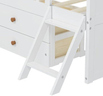 Bellemave Kids Twin Platform Bed with 4 Drawers & Storage Headboard, Wooden Twin Bed Frame with Safety Guardrails & Ladder for Kids Girls Boys, White