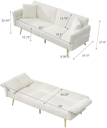 79" Corduroy Convertible Sofa Bed with Folding Armrests, White