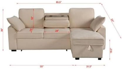 L‑Shaped Queen Pull Out Sleeper Sofa Bed with Storage Chaise, Beige