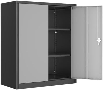 Metal Garage Storage Cabinet, 36" Lockable Storage Cabinet with 2 Doors and 2 Adjustable Shelves, Steel Grey White File Cabinet Great for Home Office, Garage, Warehouse, Study Room