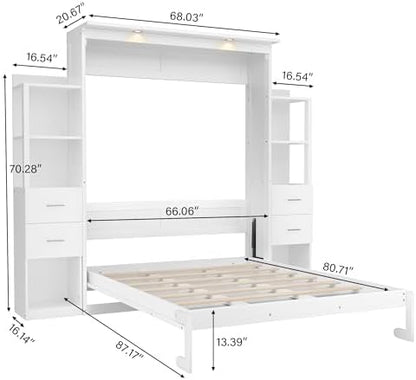 PVWIIK Queen Size Murphy Bed, Vertical Wall Bed Frame with 4 Drawers, LED Light, Shelf & Foldable Platform, White for Small Space Bedroom Guest Room