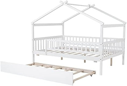 Merax Full Size Wooden House Bed with Twin Size Trundle, Wood Bed Frame with Roof and Safety Guardrail for Kids, Teens, Boys or Girls, White