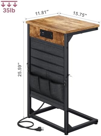 C-Shaped End Table with Fast-Charging Station, Small Couch Side Table with Storage Bag, Sofa TV Tray Table for Living Room, Bedroom, Bedside ET-BR-W1