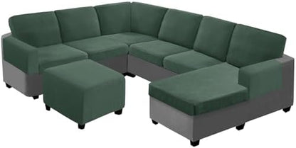 UNBBRRL Seat Cushion Cover and Back Covers for Corner Sofa Stretch Jacquard, Non Slip L Shaped Sofa Slipcover with Storage Ottoman, Sectional Couch Cover for Chaise Lounge (Green,47 x 61 x 6”)