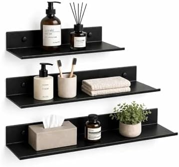 Z metnal Bathroom Shelf, Small Floating Wall Shelves, Decorative Ledge Shelf, Aluminum, Wall Mounted, Matt Black, 20/16/12 inch, 3 Set
