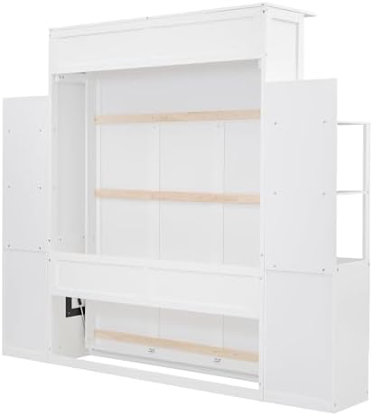 Queen Murphy Bed Cabinet, Space Saving Wall Bed with Storage and Lights