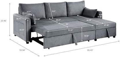 Sectional Sleeper Sofa with Pull Out Bed, LShape Convertible Sofa Bed Couch with Storage Chaise, 3 in 1 Pull Out Sofa Bed with 3 Seats, for Living Room,Apartment, Gray, 85Inch