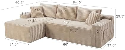 Camel Oversized Sectional Boneless Couch for Living Room. Right Face Chaise