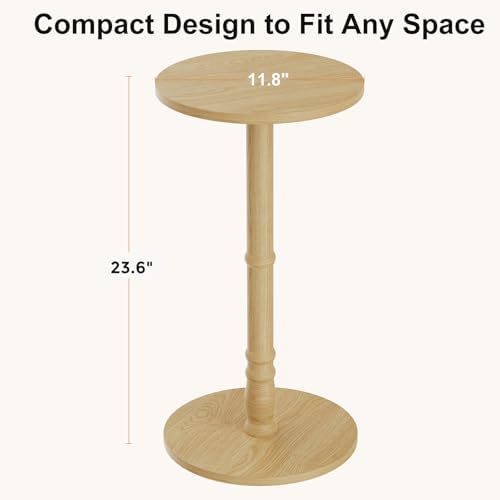 Round Side Table with Solid Wood Pillar, Small Drink Table