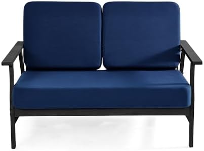 Pia Ricoo Outdoor Premium Teak Wood Loveseat with Armrests, All‑Weather Outdoor Furniture for Backyard, Deck, Lawn, Navy/Dark