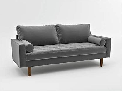 Container Furniture Direct Womble Mid Century Modern Velvet Upholstered Tufted Seat with Bolster Pillows, Loveseat, Sofa, Grey