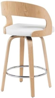 Shelly Modern Counter Height Swivel Bar Stool in Patterned Oak Finish with White Faux Leather Upholstered Seat Set of 4