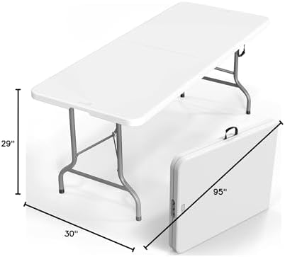 VINGLI 8 Foot Plastic Folding Table Portable Long Table for Indoor Outdoor Use Rectangular with Carrying Handle，White