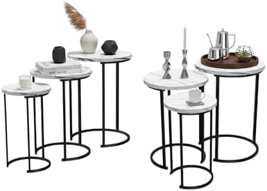 Lavish Home Round Nesting Tables Set of 6, Faux Marble Tabletop, White