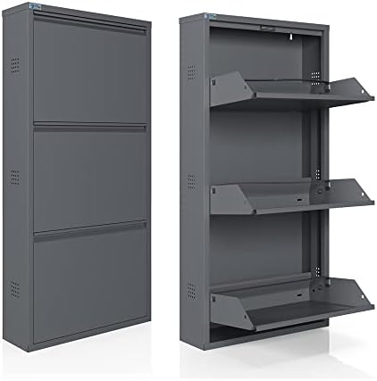 CEHA 3 Tier Metal Shoe Cabinet with Cover, Durable Shoe Storage Organizer for Entryway, Space Saving Shoe Shelf Closet with Side Ventilation Holes, 5.91" x 40.6" x 19.68", Anthracite