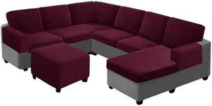 Seat Cushion Cover and Back Covers for Corner Sofa Stretch Jacquard, Non Slip L Shaped Sofa Slipcover with Storage Ottoman, Sectional Couch Cover for Chaise Lounge (Wine red,Ottoman 15 x 15 x 16”)
