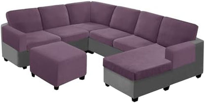 UNBBRRL Seat Cushion Cover and Back Covers for Corner Sofa Stretch Jacquard, Non Slip L Shaped Sofa Slipcover with Storage Ottoman, Sectional Couch Cover for Chaise Lounge (Purple,24 x 56 x 6”)