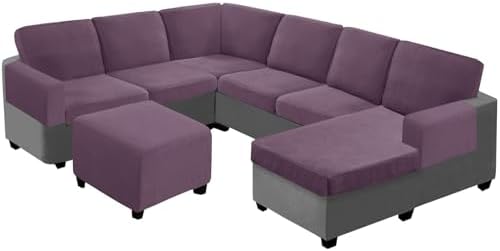 UNBBRRL Seat Cushion Cover and Back Covers for Corner Sofa Stretch Jacquard, Non Slip L Shaped Sofa Slipcover with Storage Ottoman, Sectional Couch Cover for Chaise Lounge (Purple,16 x 30 x 6”)