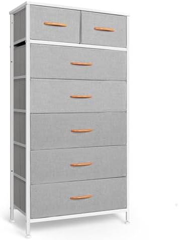 Mifuro Tall Dresser for Bedroom, Vertical Storage Organizer Tower with 7 Drawers, Chest of Drawers with Fabric Bins, Steel Frame, Wood Top for Bedroom, Closet, Entryway- Light Grey