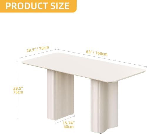 DWVO Cream White Dining Table 63" for 4-6, Rounded Corners, Fluted Base