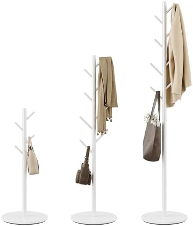 Coat Rack with 8 Hooks, 3 Adjustable Heights, Modern Hall Tree, Sturdy Metal Clothes Stand with Sintered Stone Base for Entryway, Office, Bedroom, for Coats, Hats, Handbags and Scarves, White