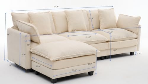 Modern 102" L Shaped Sectional Sofa Cloud Couch, Comfy Chenille Modern Modular Sleeper Sofa, Upholstery Sofa with Ottoman & Memory Foam for Living Room, Beige