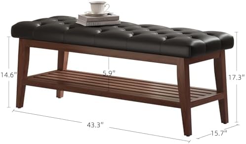 LEILISI Entryway Bench with Storage, Solid Wood Bed Bench (Black, 43.3'')