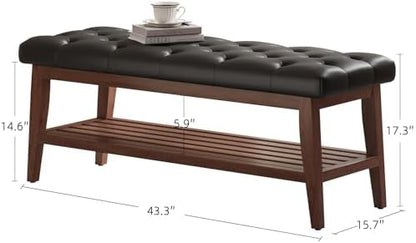 LEILISI Entryway Bench with Storage, Solid Wood Bed Bench (Black, 43.3'')
