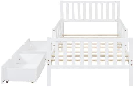 Bellemave Twin Size Kids Platform Bed with Fences and 2 Drawers, Wooden Twin Bed Frame with Guardrails on Both Sides for Boys Girls, White