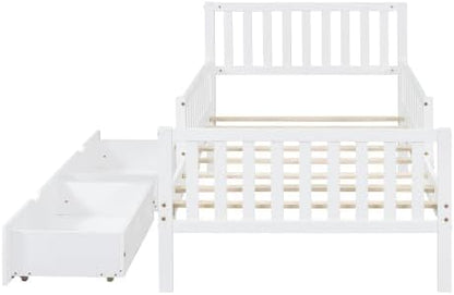 Bellemave Twin Size Kids Platform Bed with Fences and 2 Drawers, Wooden Twin Bed Frame with Guardrails on Both Sides for Boys Girls, White