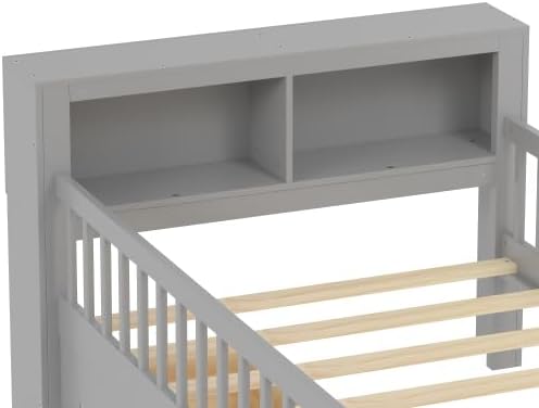 Bellemave Kids Twin Bed Frame with Fences, 2 Drawers & Storage Headboard, Twin Size Platform Bed with 3-Side Guardrails for Kids, Girls & Boys, Gray