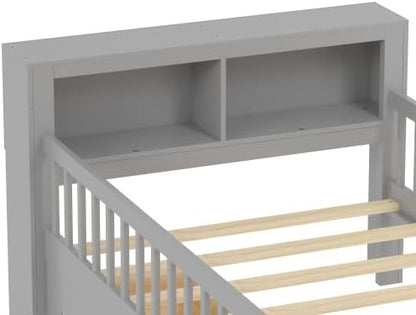 Bellemave Kids Twin Bed Frame with Fences, 2 Drawers & Storage Headboard, Twin Size Platform Bed with 3-Side Guardrails for Kids, Girls & Boys, Gray