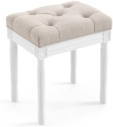 LUE BONA Upholstered Fabric Vanity Bench Seat, Makeup Stools for Vanity, Square Tufted Ottoman Bench with Carved White Legs for Bedroom Living Room, Linen Color