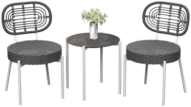 GarveeLife 3 Piece Wicker Patio Bistro Furniture Set, Outdoor Dining Chairs, Includes 2 Rattan Chairs and Tempered Glass Table, for Garden, Backyard, Balcony, Apartment, White & Grey