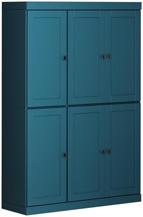 Palace Imports Solid Wood Kitchen Pantry Cabinet 71.5" Tall, 48.5" Wide – Wooden Storage Cabinet w/ 6 Shaker Doors & 8 Adjustable Shelves – Teal Blue, 100% Renewable Eco-Friendly Wood, Made in Brazil