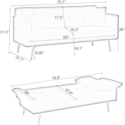 70.1" Convertible Futon Sofa Bed, Teddy Loveseat Couches, Orange