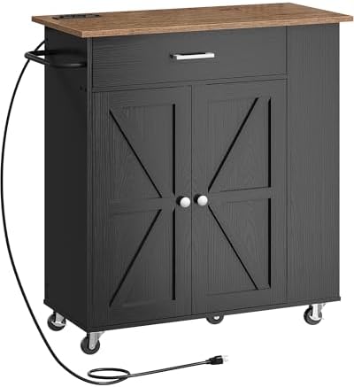Kitchen Island Cart with Storage, Bar Cart with Charging Station, Kitchen Island on Wheels, Rolling Mobile Table with Cabinet, 3 AC Outlets, Black and Walnut MZD04UBL