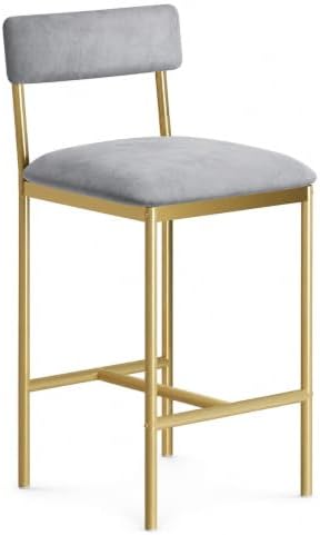Elegant Bar Stools Set of 2 – Gold & Velvet Gray Upholstered Chairs with Backrest and Footrest – 25.5" Counter Height – Metal Frame – Ideal for Kitchen Island, Dining Room – Two-Pack Bar Chairs