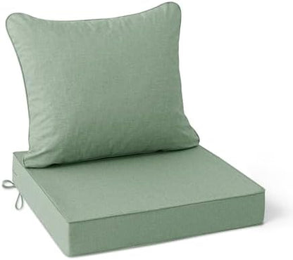 Outdoor Cushions for Patio Furniture, Faux Linen Water Resistant Backrest and Deep Seat Cushion Set with Removable Cover, Straps, Non-Slip Bottom, 24 x 24 Inch, Sage Green
