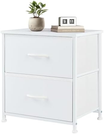 Hexago Nightstand Small Dresser with 2 Fabric Drawers Side Table, Nightstand Storage Chest, Bedroom End Table Kids Bedside Storage Furniture for Closet, Entryway, Dorm, White, 2 Pack