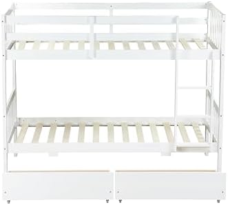 Harper & Bright Designs Wood Twin-Over-Twin Bunk Bed with 2 Storage Drawers and Ladder - Can Be Divided Into Two Platform Beds, White