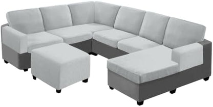 UNBBRRL Seat Cushion Cover and Back Covers for Corner Sofa Stretch Jacquard, Non Slip L Shaped Sofa Slipcover with Storage Ottoman, Sectional Couch Cover for Chaise Lounge (Pale Grey,24 x 98 x 6 “)